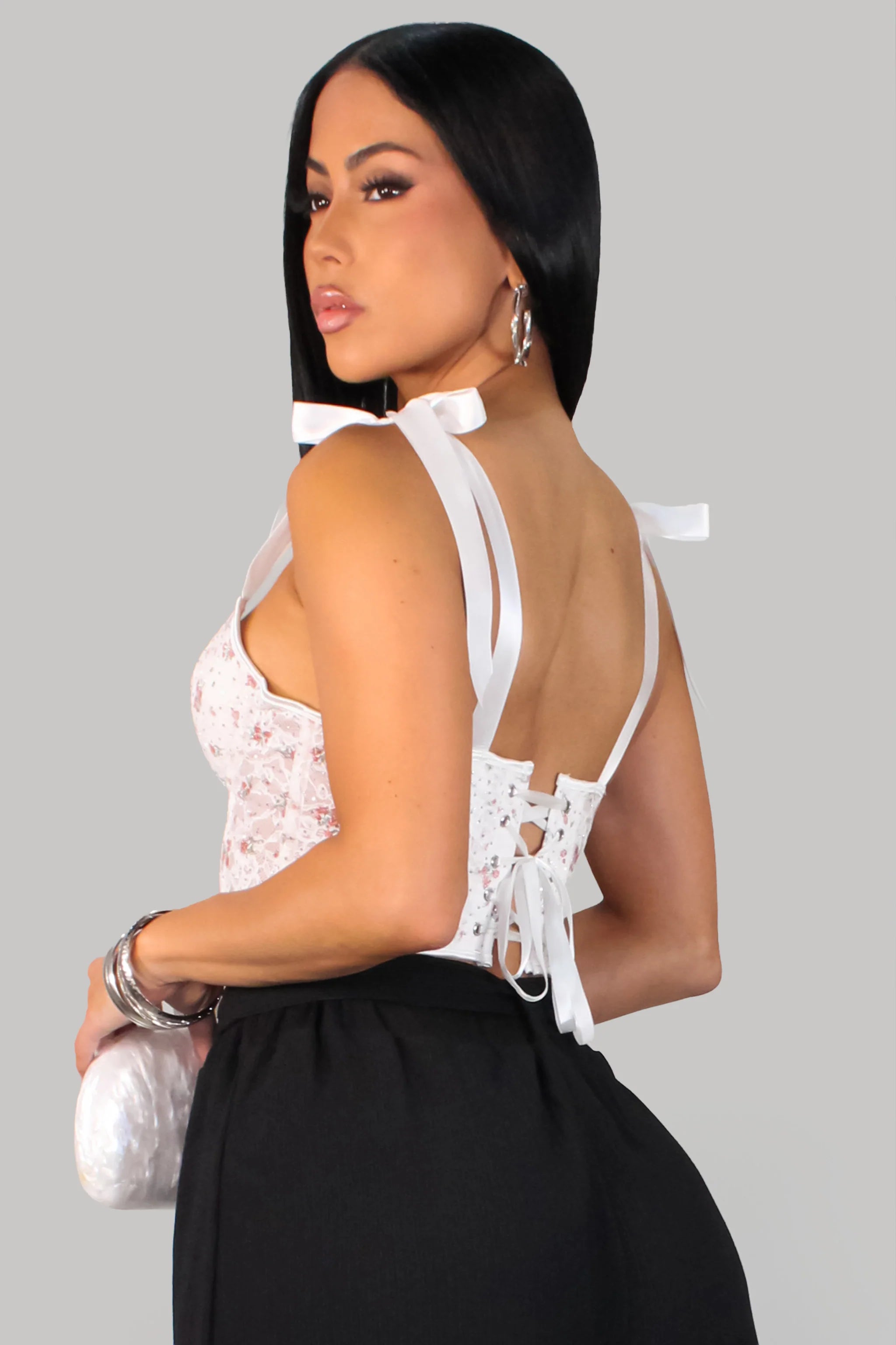 Alana's Floral Lace Bustier Top - White/Red