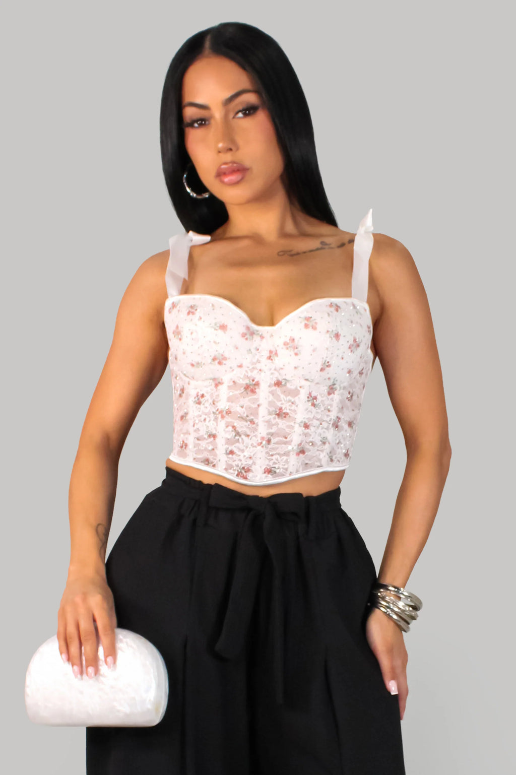 Alana's Floral Lace Bustier Top - White/Red