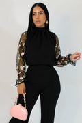 Glamour Embroidered Sleeve Blouse - Black