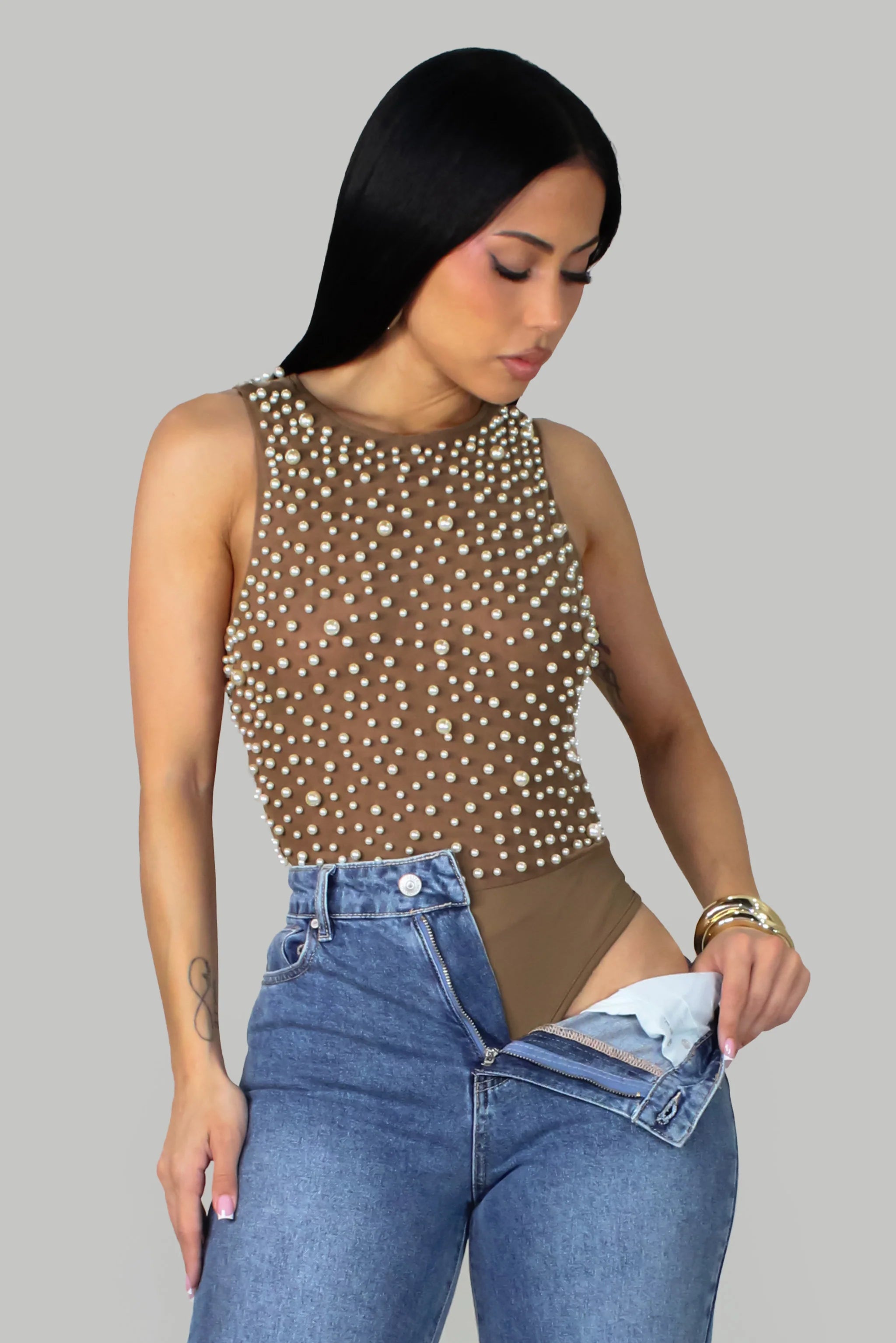 Pearled Bodysuit - Mocha