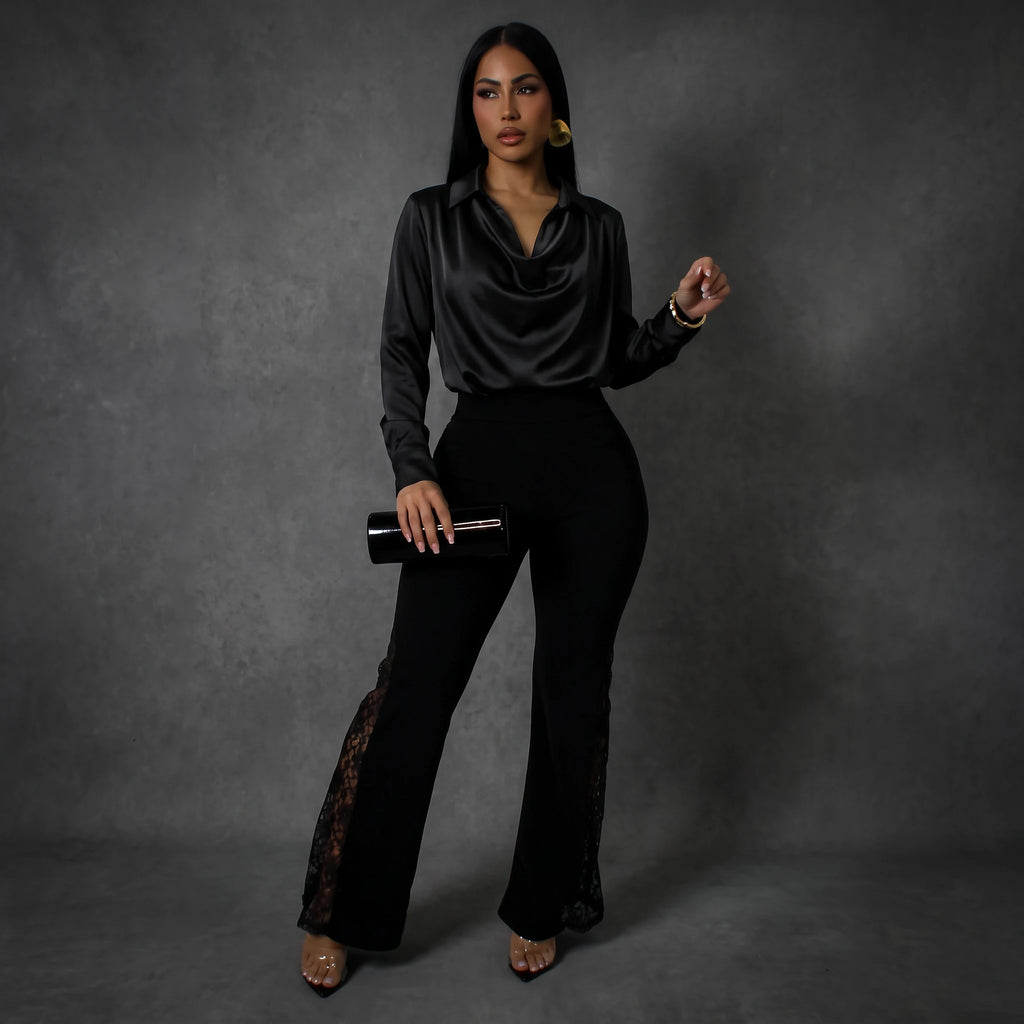 Brocade Lace Panel Pants - Black